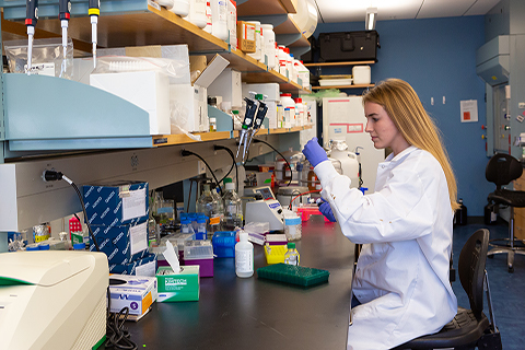 Undergraduate Research Assistant Emma Esch conducting her lab duties
