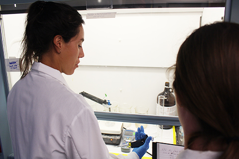 Lela Schlenker and Gabrielle Menard working together under the hood in the lab